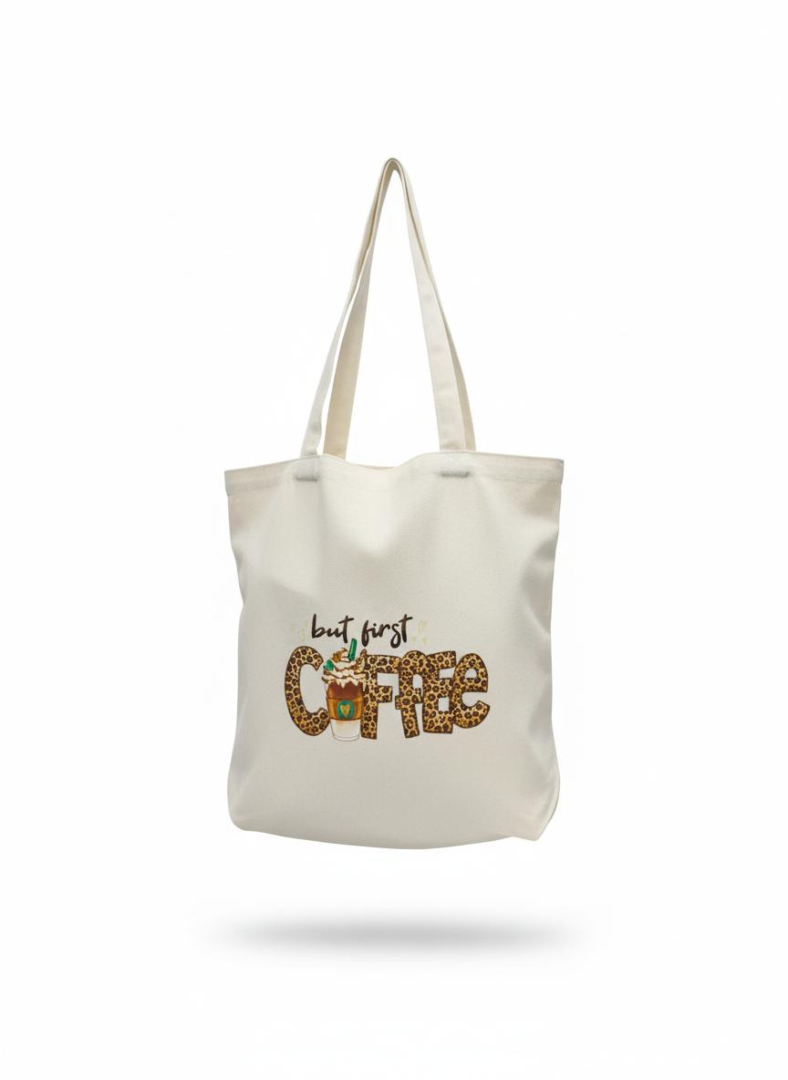 But First Coffee Leopard Print Tote Bag — Cute Aesthetic Reusable Shopping Bag