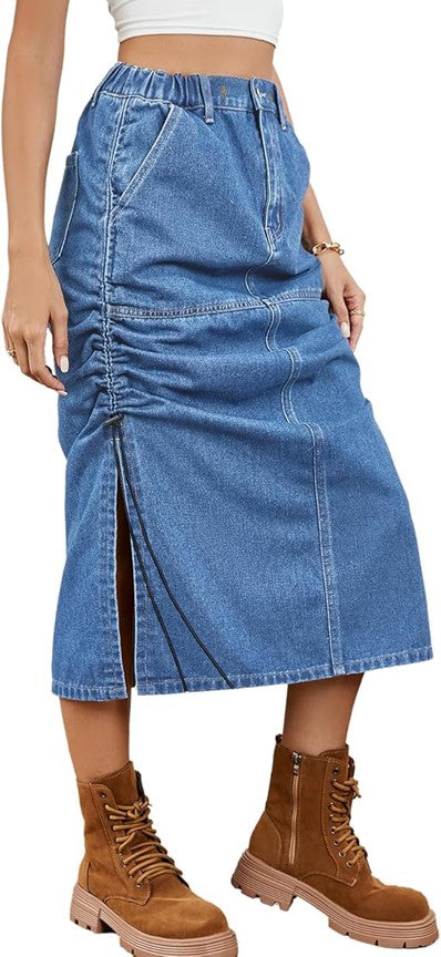 Laced Up & Laid Back Slit Drawstring Midi Denim Skirt