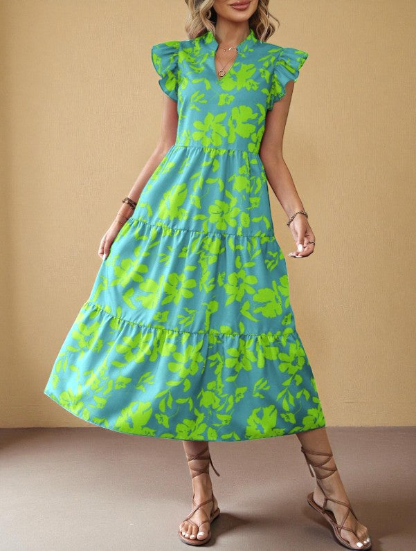 Flutter-Sleeve Tiered Maxi Smock Dress