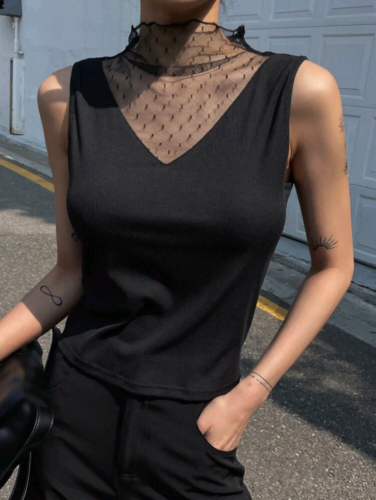 Black Mesh Mock-Neck Tank – Sleeveless Ribbed Top with Sheer Polka Dot Detail