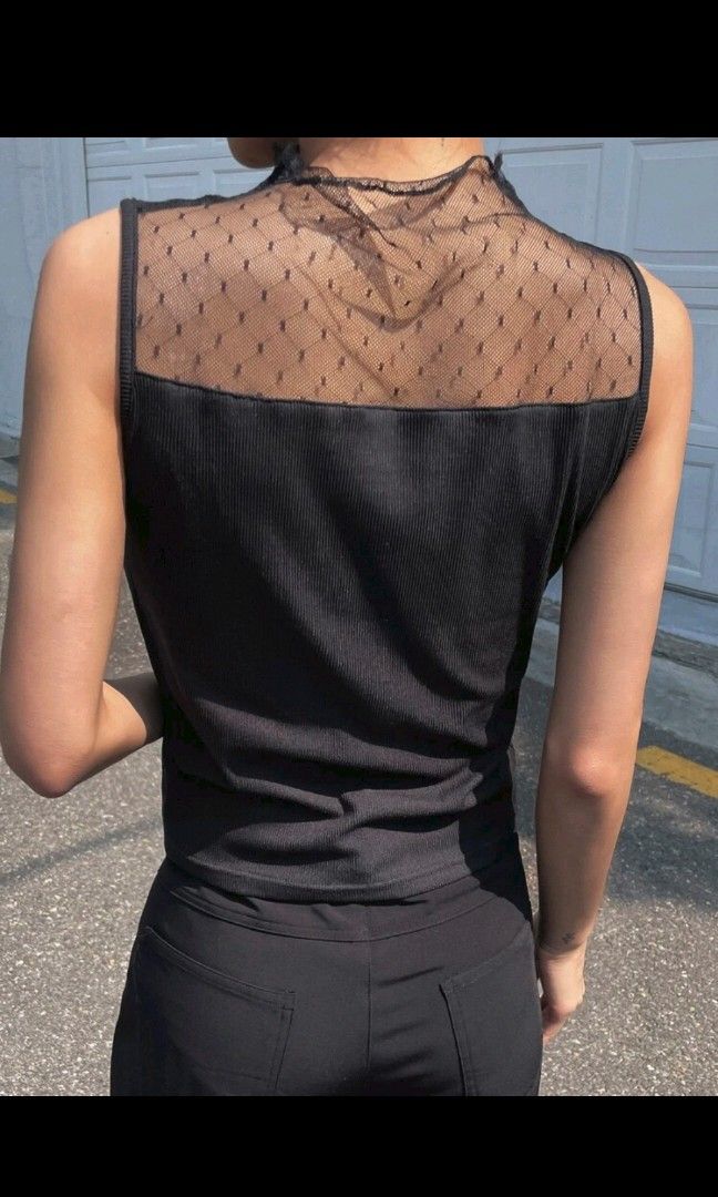 Black Mesh Mock-Neck Tank – Sleeveless Ribbed Top with Sheer Polka Dot Detail