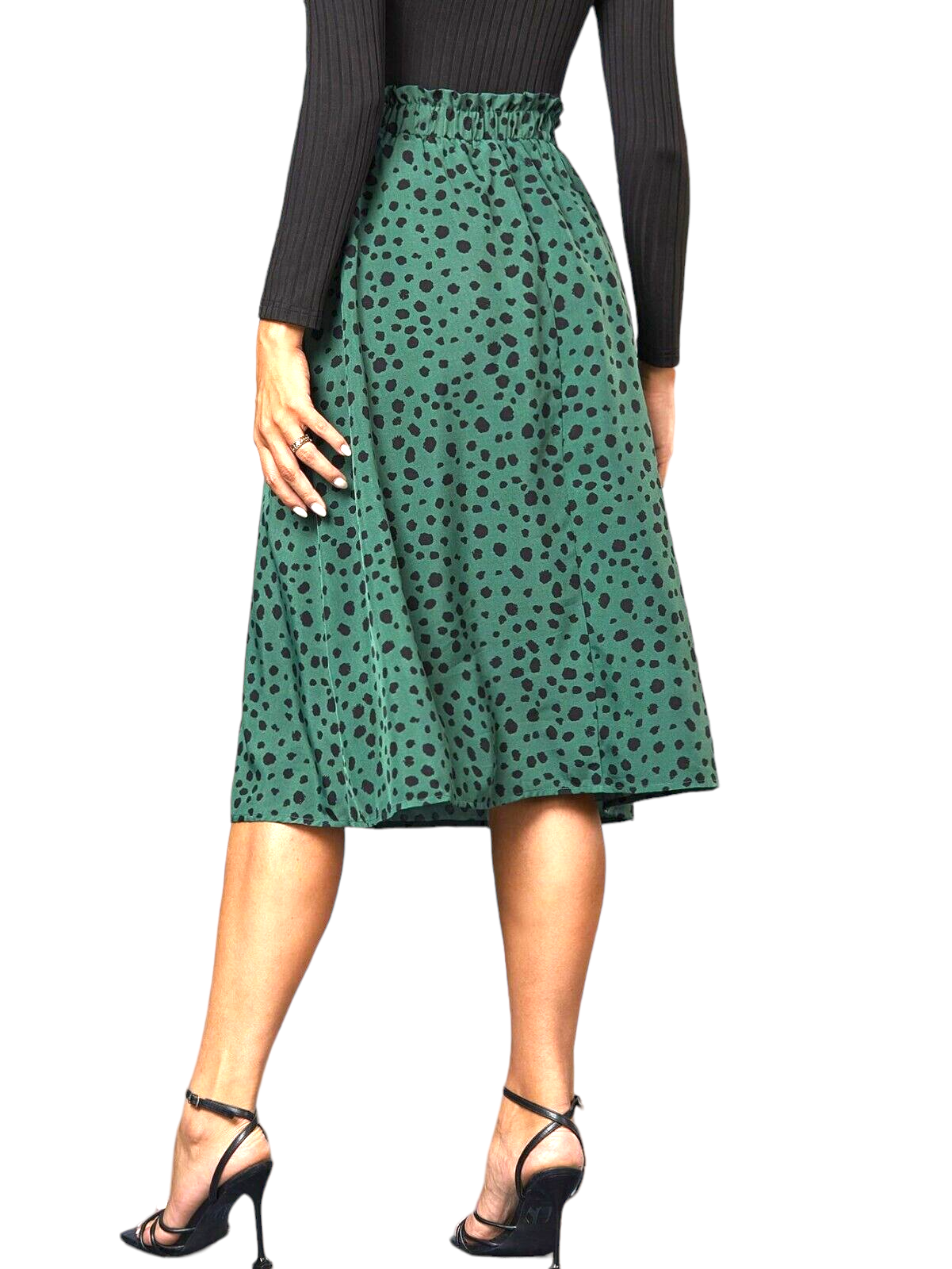 Green Polka Dot Midi Skirt – High Waist A-Line Skirt for Women