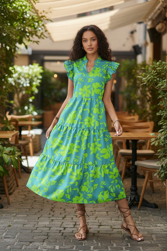 Flutter-Sleeve Tiered Maxi Smock Dress