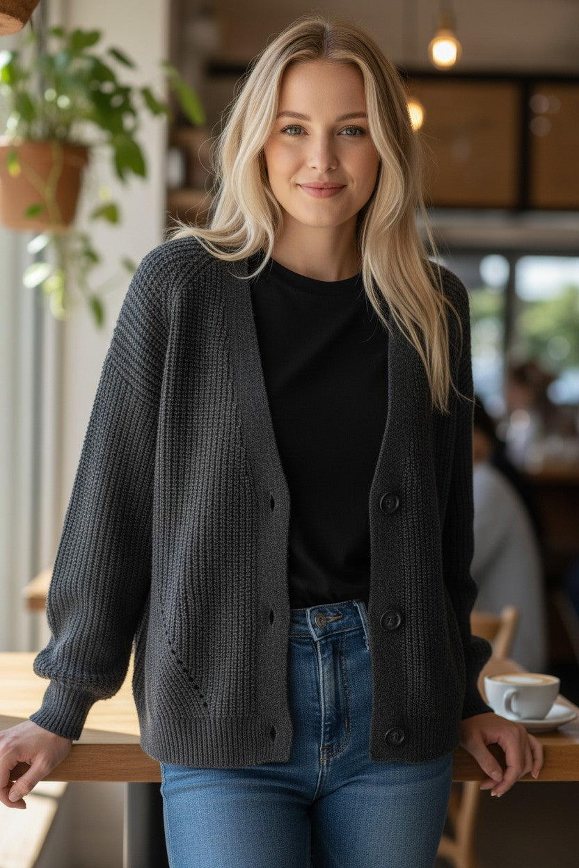 Preppy Cardigan Women's V Neckline Button Down Knitwear Lantern Sleeve Basic Knit Cardigan Sweater Tops