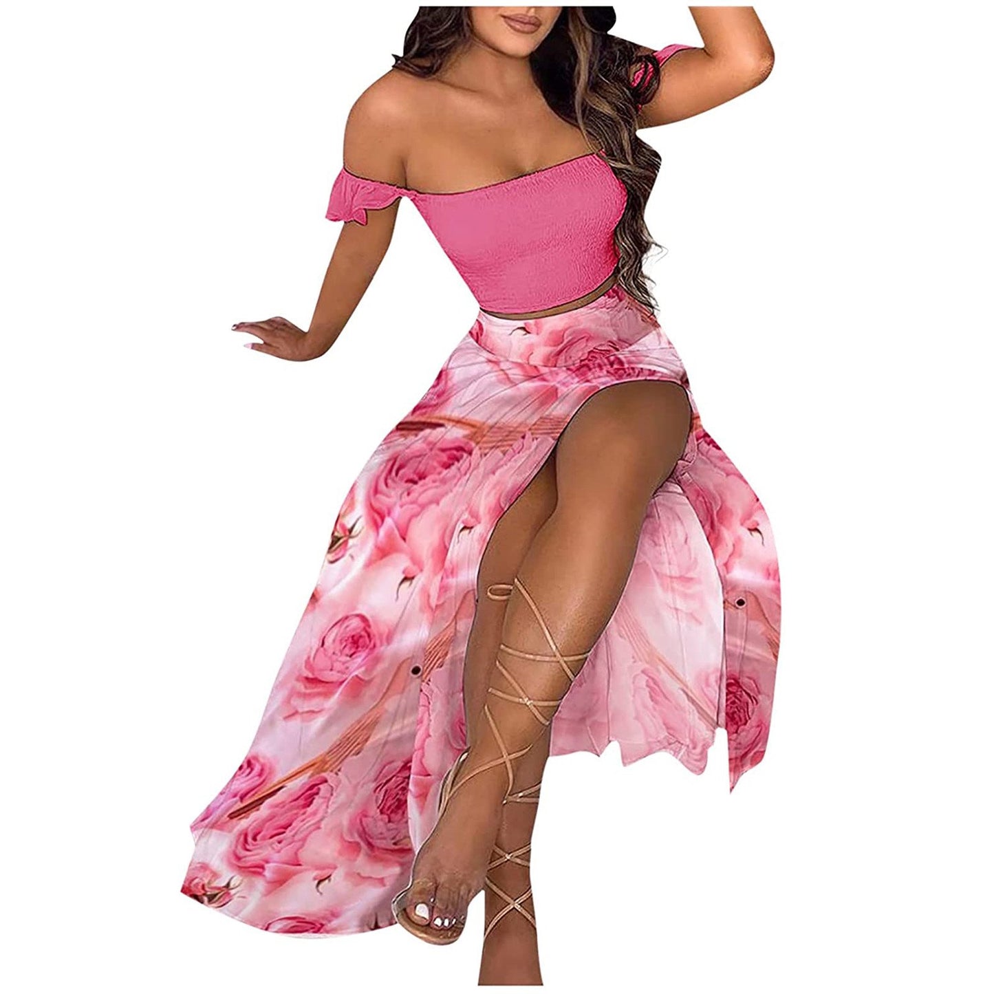 Debonair  Ruffle Top Split Skirt High Slit Maxi Skirt – Summer Boho Flowy Skirt