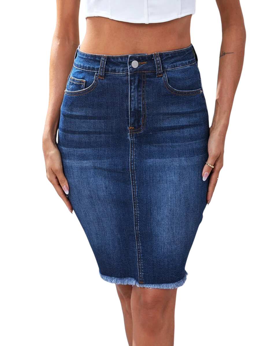 Frayed-Hem Pencil Denim Skirt