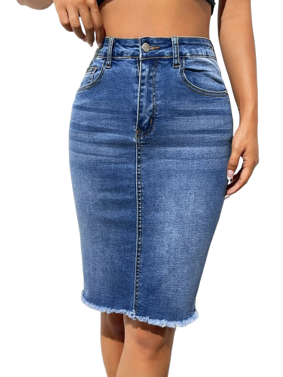 Frayed-Hem Pencil Denim Skirt