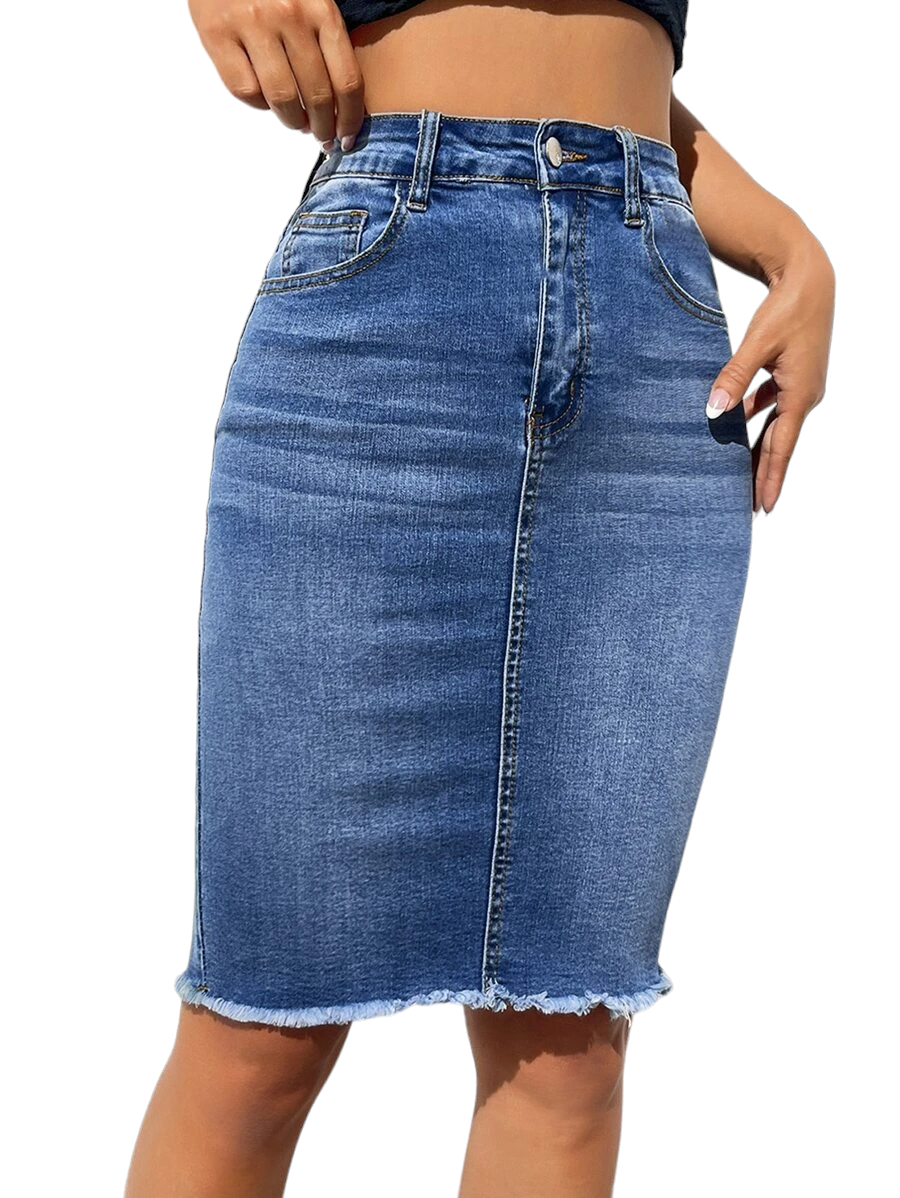 Frayed-Hem Pencil Denim Skirt