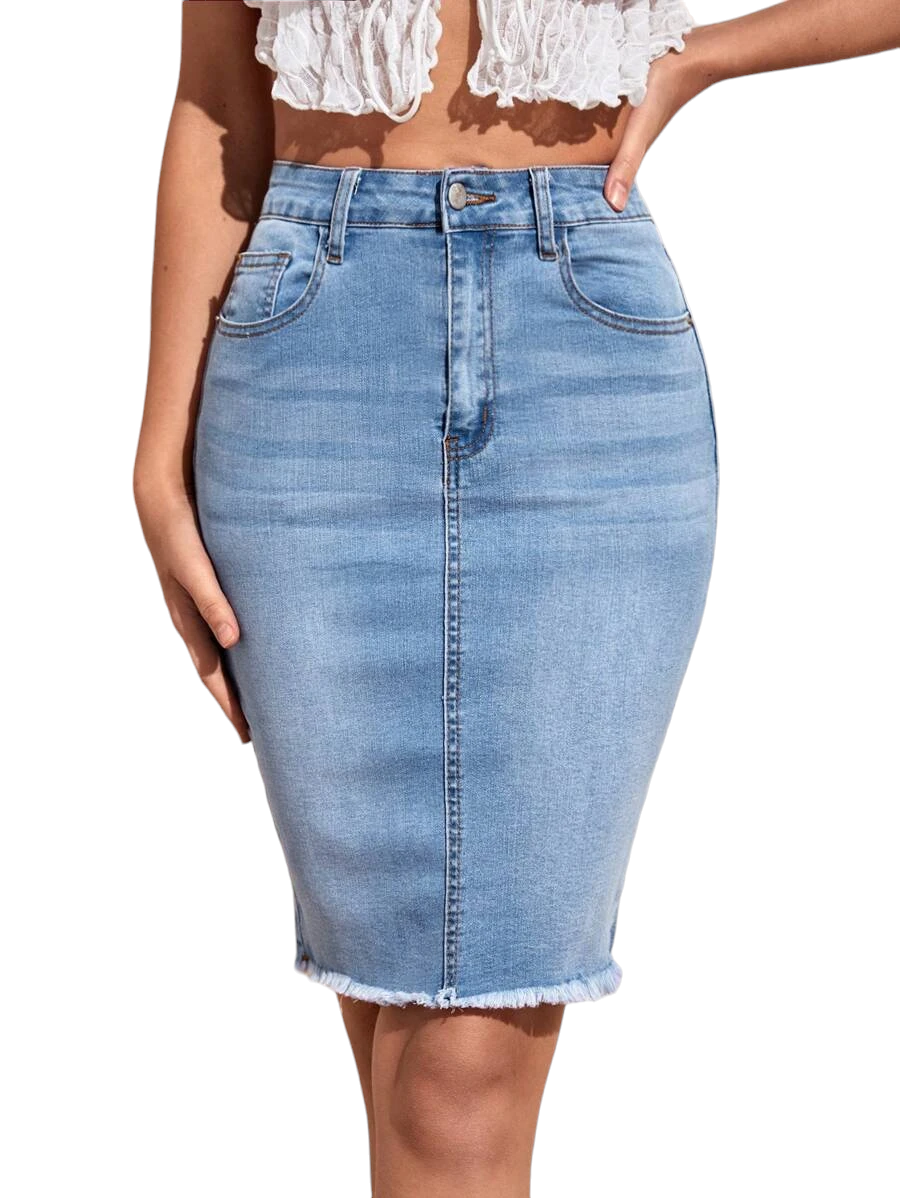 Frayed-Hem Pencil Denim Skirt