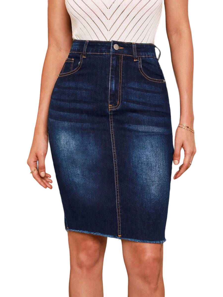 Frayed-Hem Pencil Denim Skirt