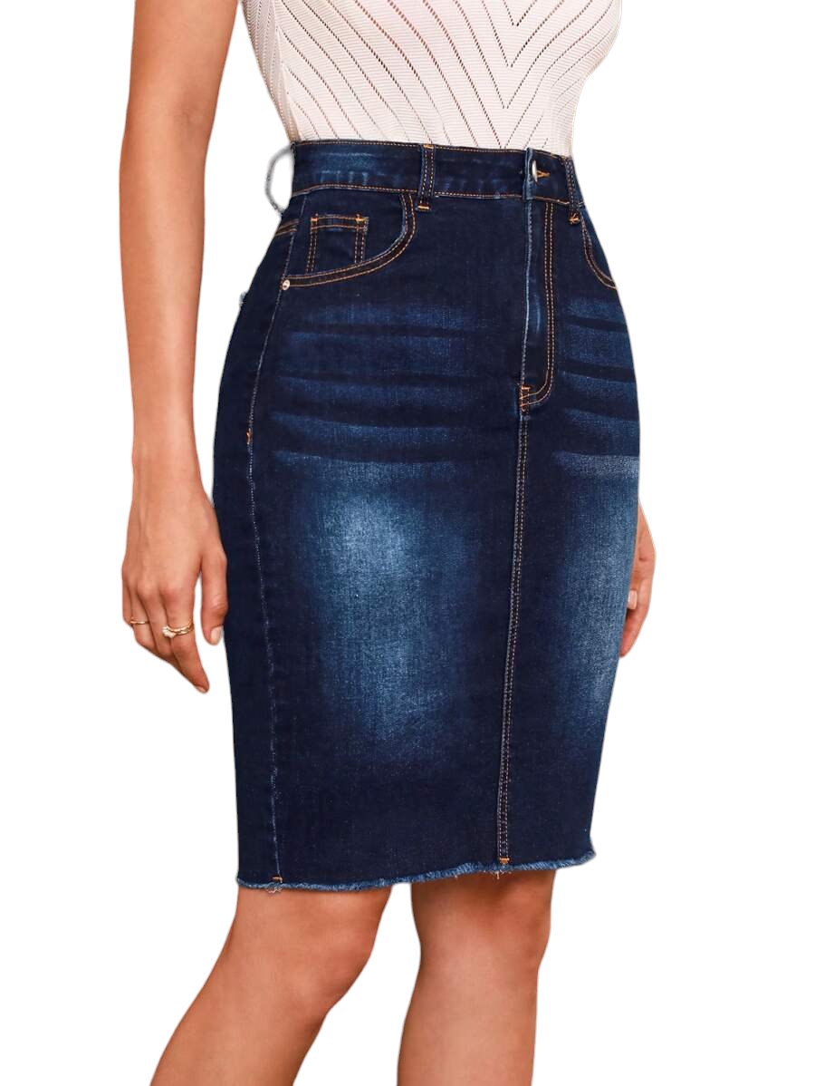 Frayed-Hem Pencil Denim Skirt