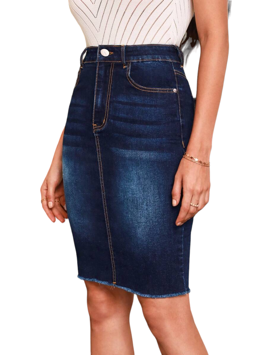 Frayed-Hem Pencil Denim Skirt