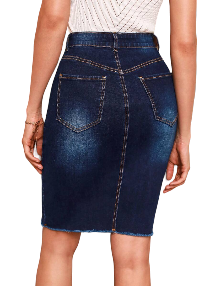 Frayed-Hem Pencil Denim Skirt