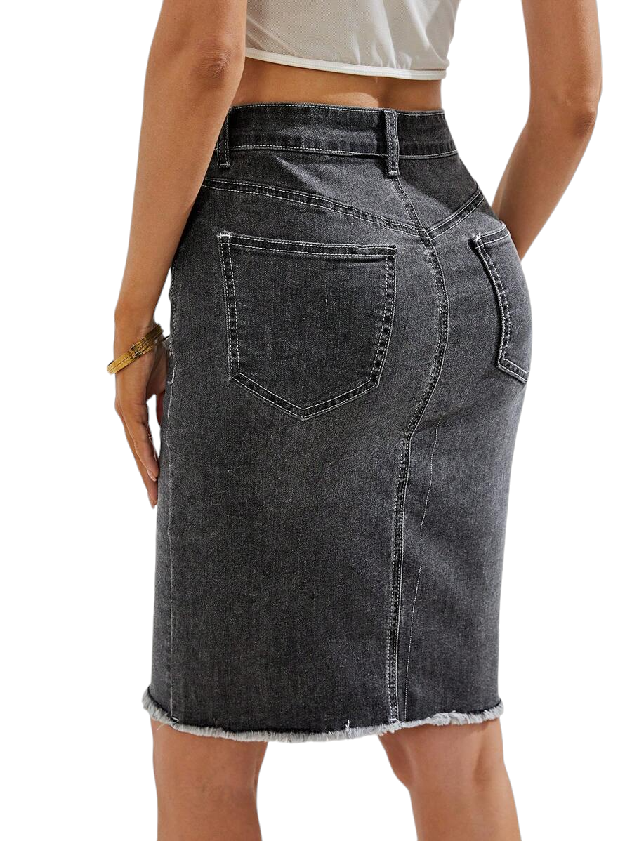 Frayed-Hem Pencil Denim Skirt