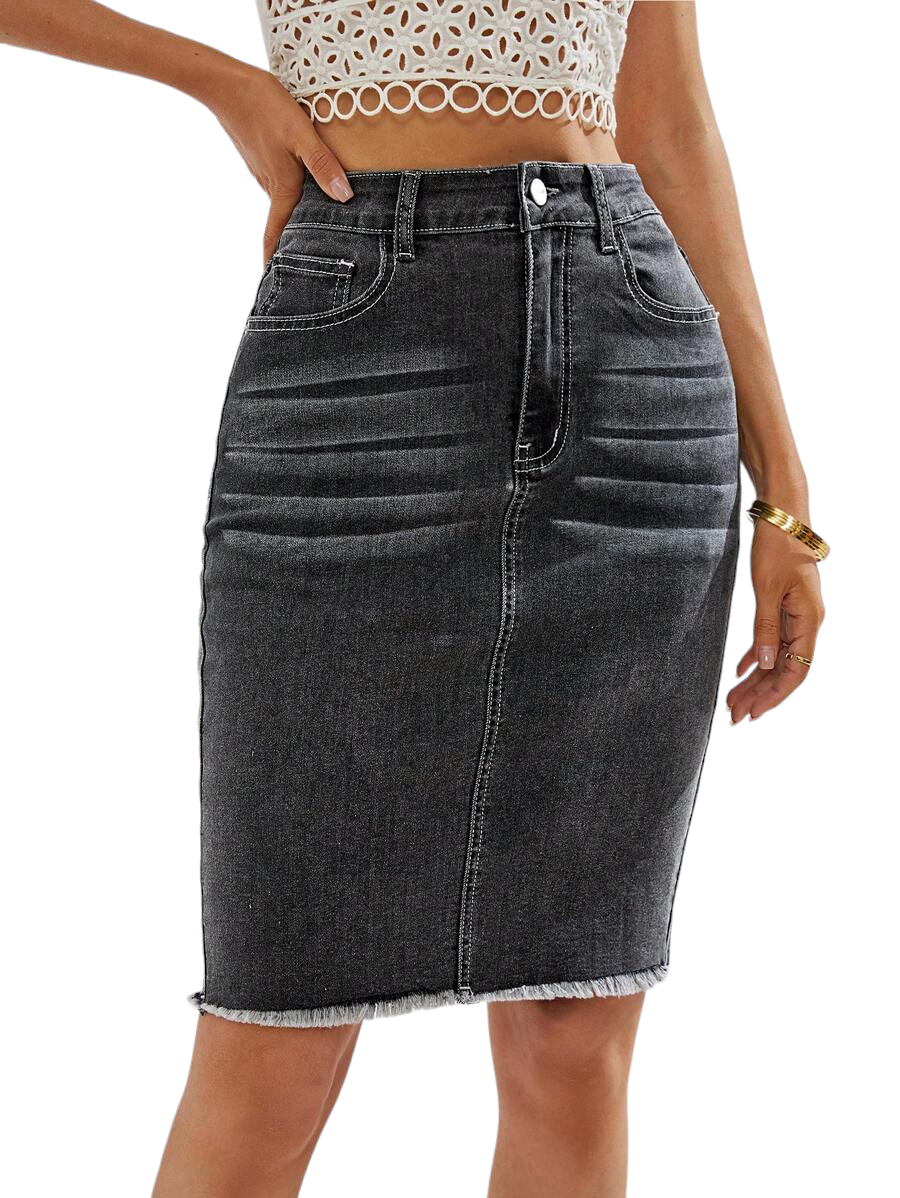 Frayed-Hem Pencil Denim Skirt