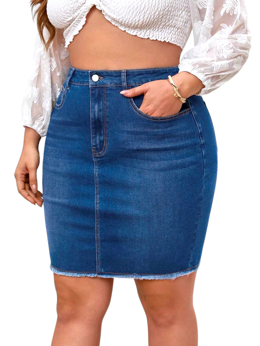 Frayed-Hem Pencil Denim Skirt