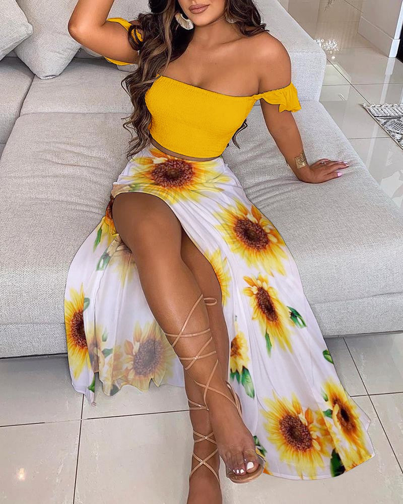 Debonair  Ruffle Top Split Skirt High Slit Maxi Skirt – Summer Boho Flowy Skirt