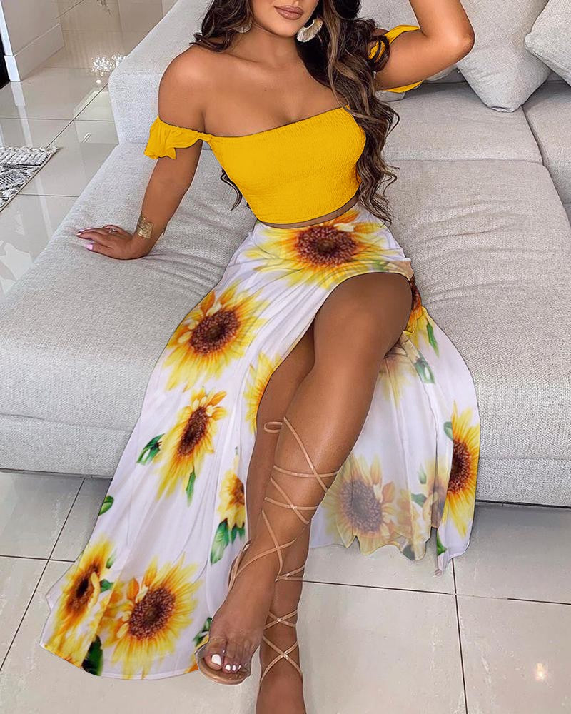 Debonair  Ruffle Top Split Skirt High Slit Maxi Skirt – Summer Boho Flowy Skirt
