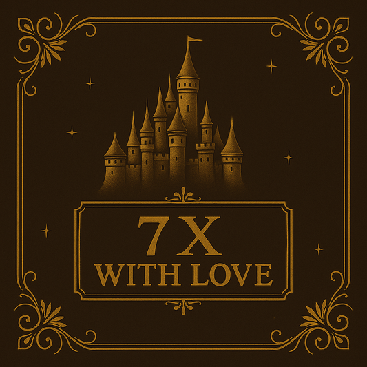 Decorative design with a castle silhouette and '7X WITH LOVE' text on a dark background.