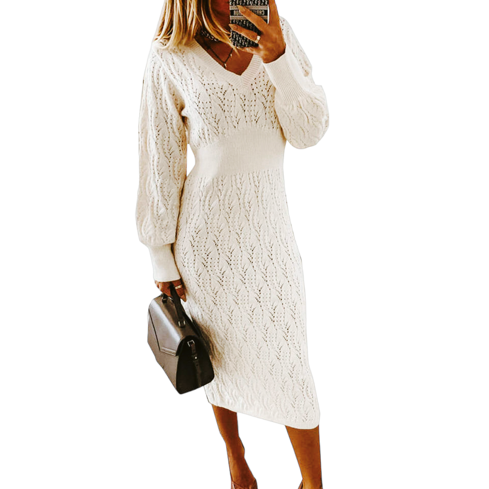 Knit Sweater Midi Dress – Puff Sleeve V-Neck Fall/Winter Dress