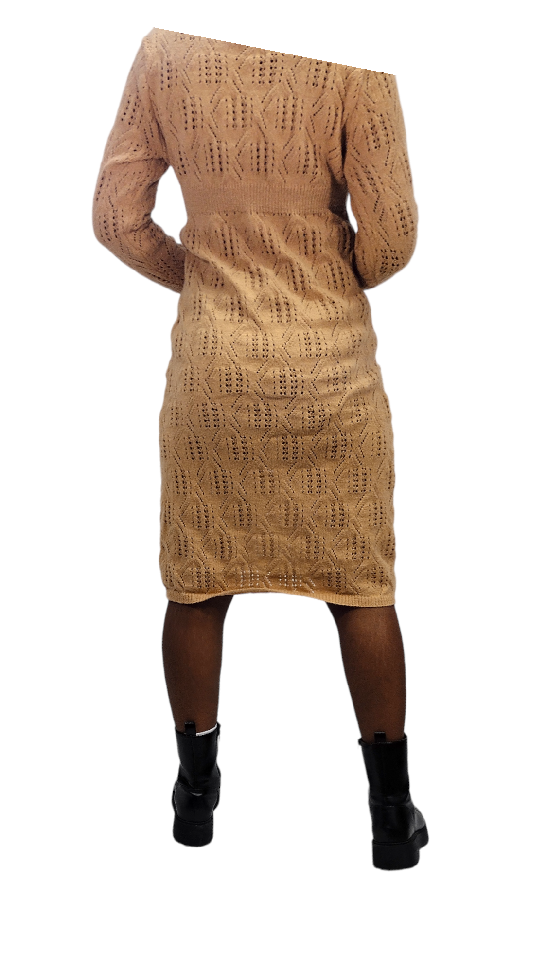 Knit Sweater Midi Dress – Puff Sleeve V-Neck Fall/Winter Dress