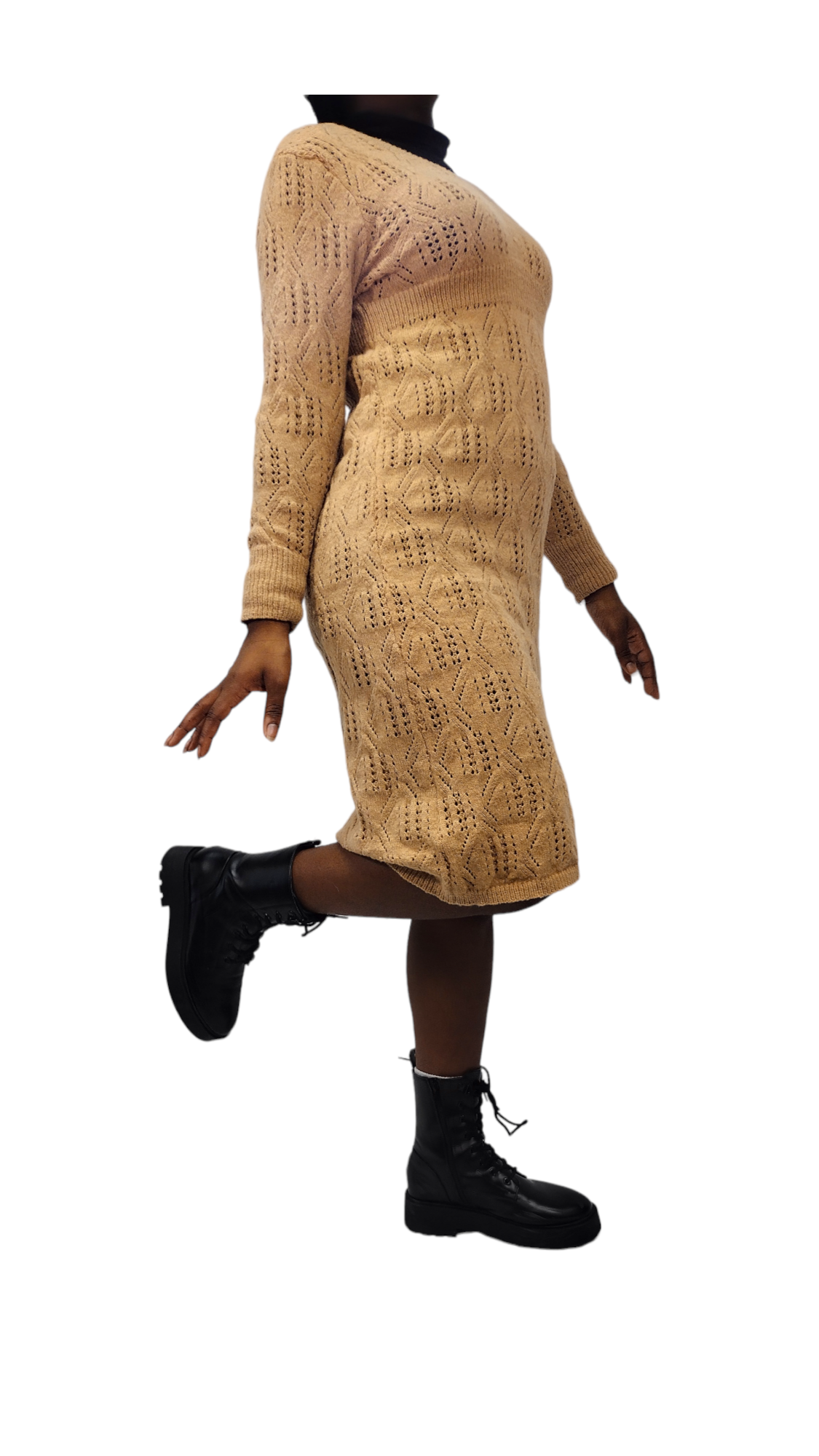 Knit Sweater Midi Dress – Puff Sleeve V-Neck Fall/Winter Dress