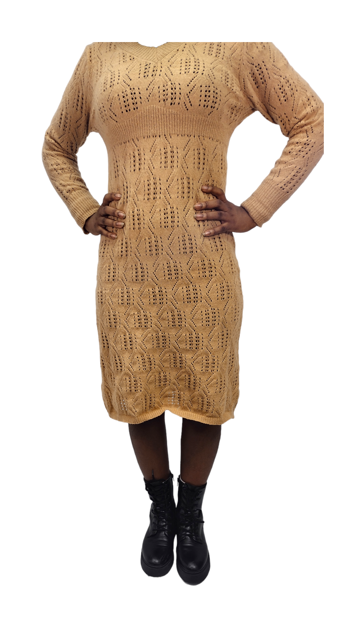 Knit Sweater Midi Dress – Puff Sleeve V-Neck Fall/Winter Dress