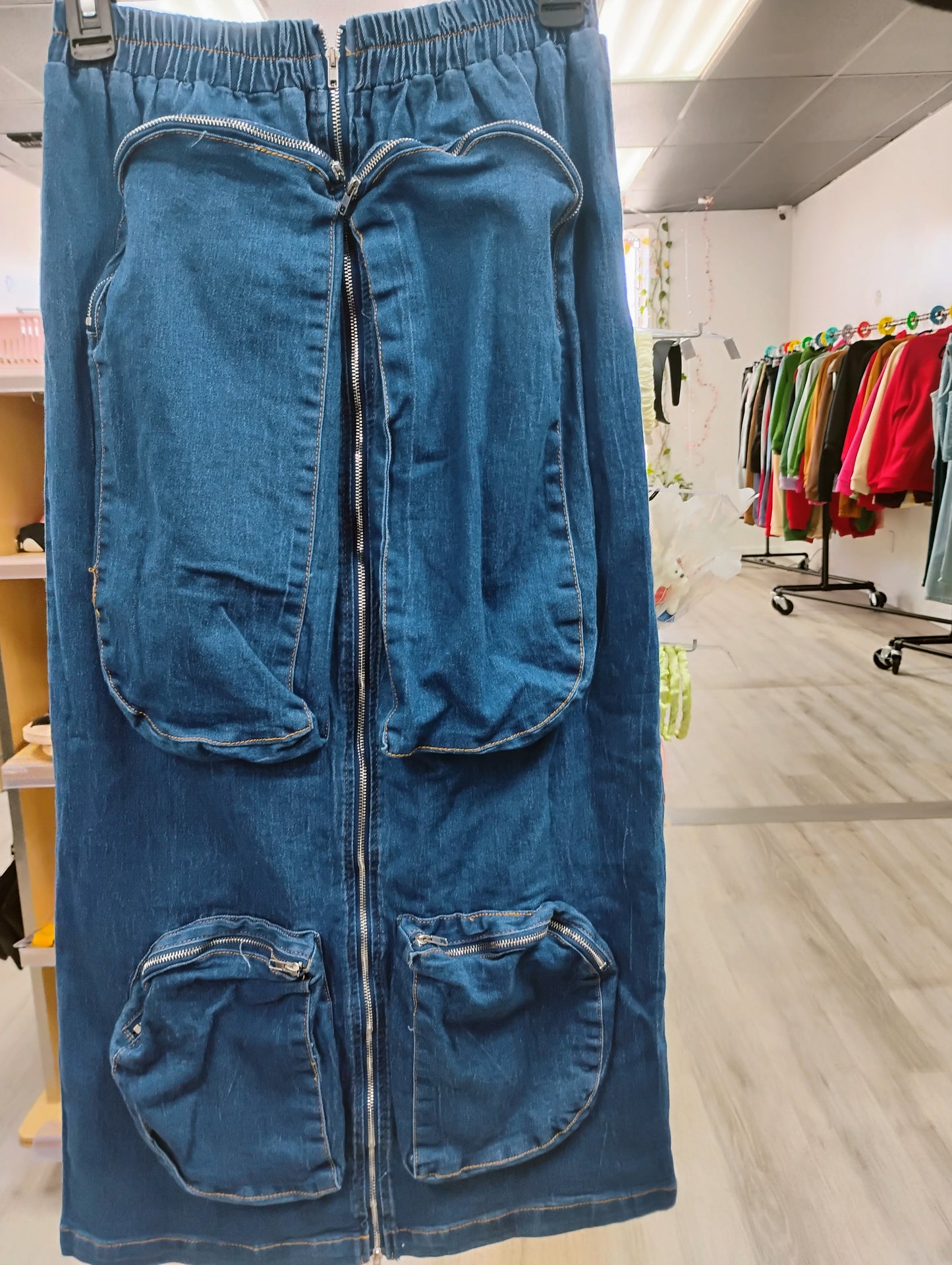 Y2K Cargo Maxi Skirt Denim Skirt with  Zipper Pockets