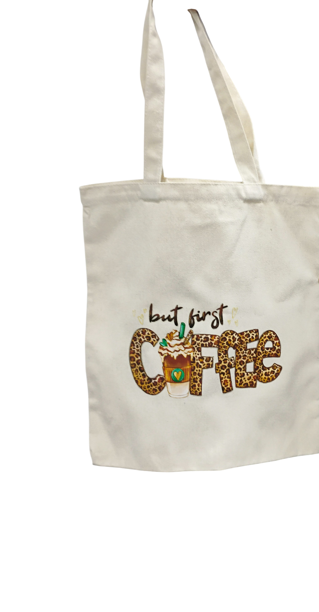 But First Coffee Leopard Print Tote Bag — Cute Aesthetic Reusable Shopping Bag
