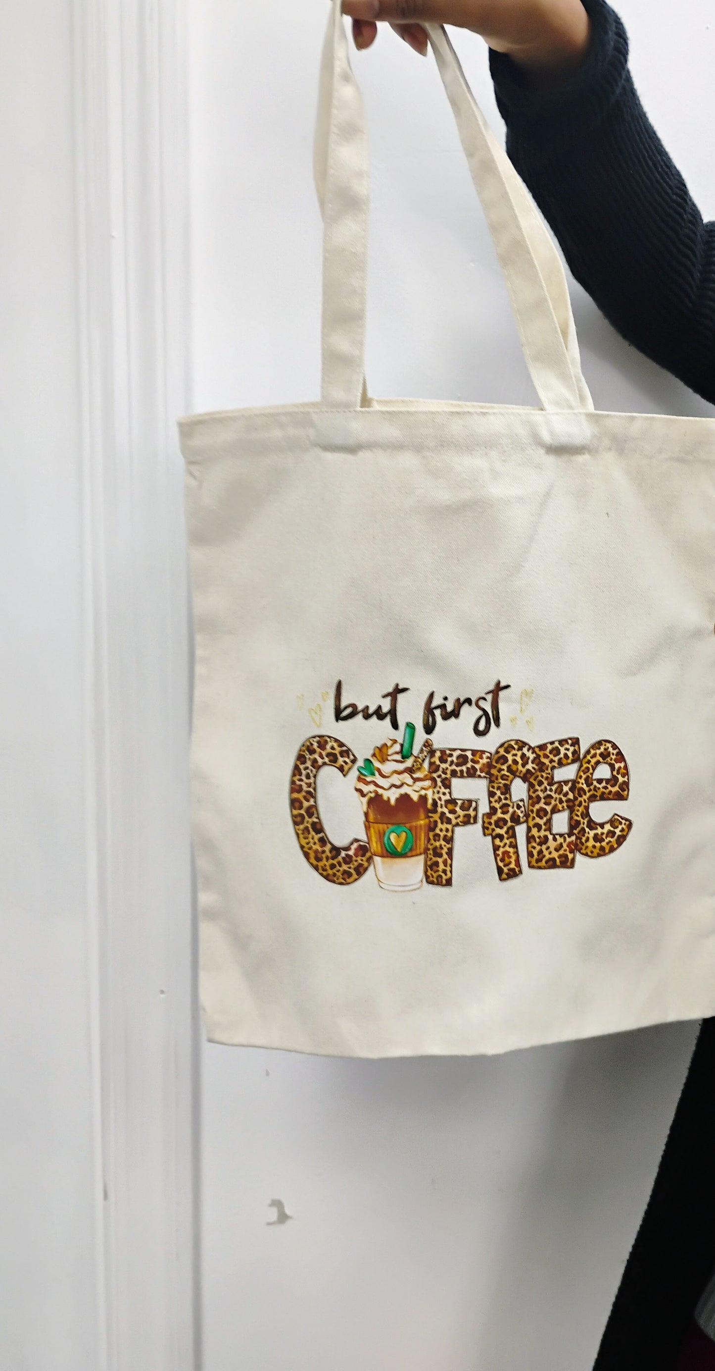 But First Coffee Leopard Print Tote Bag — Cute Aesthetic Reusable Shopping Bag