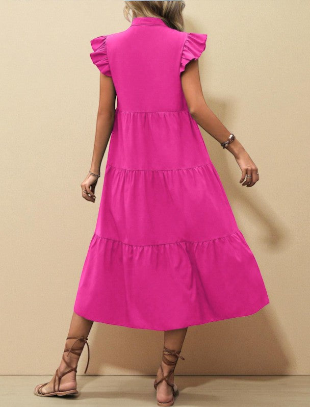 Flutter-Sleeve Tiered Maxi Smock Dress