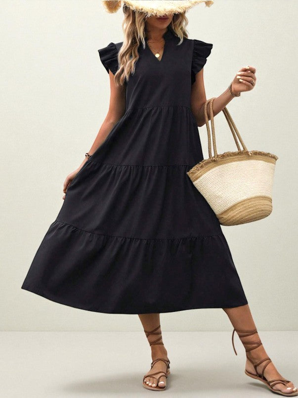 Flutter-Sleeve Tiered Maxi Smock Dress