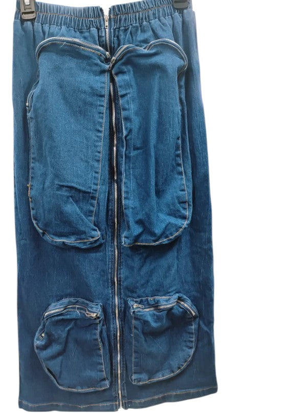 Y2K Cargo Maxi Skirt Denim Skirt with  Zipper Pockets