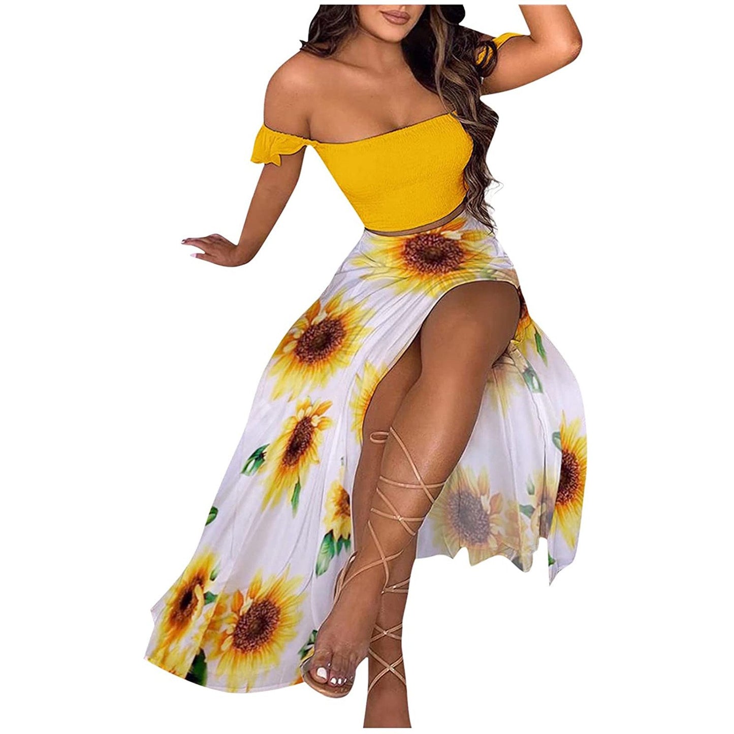 Debonair  Ruffle Top Split Skirt High Slit Maxi Skirt – Summer Boho Flowy Skirt