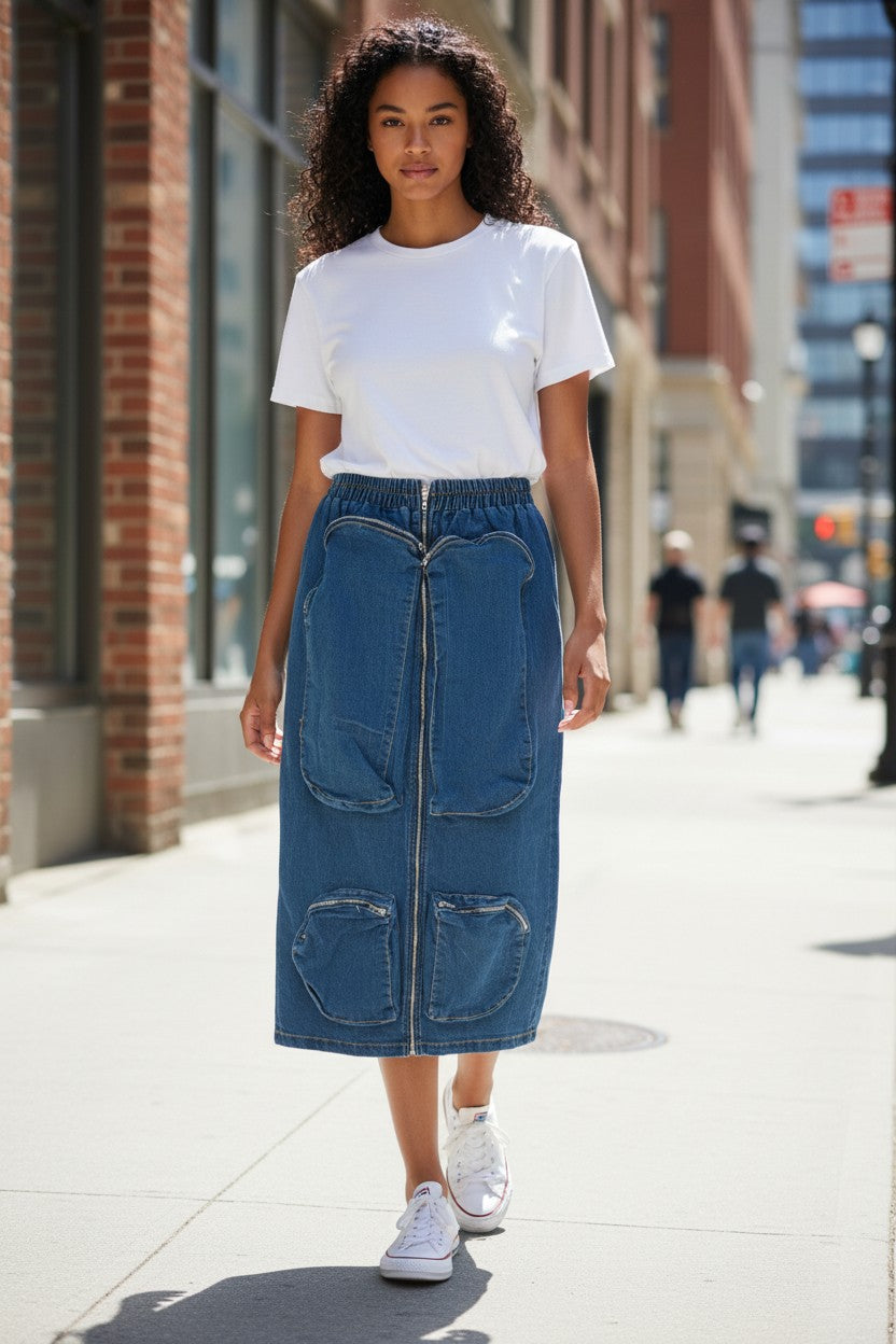 Y2K Cargo Maxi Skirt Denim Skirt with  Zipper Pockets
