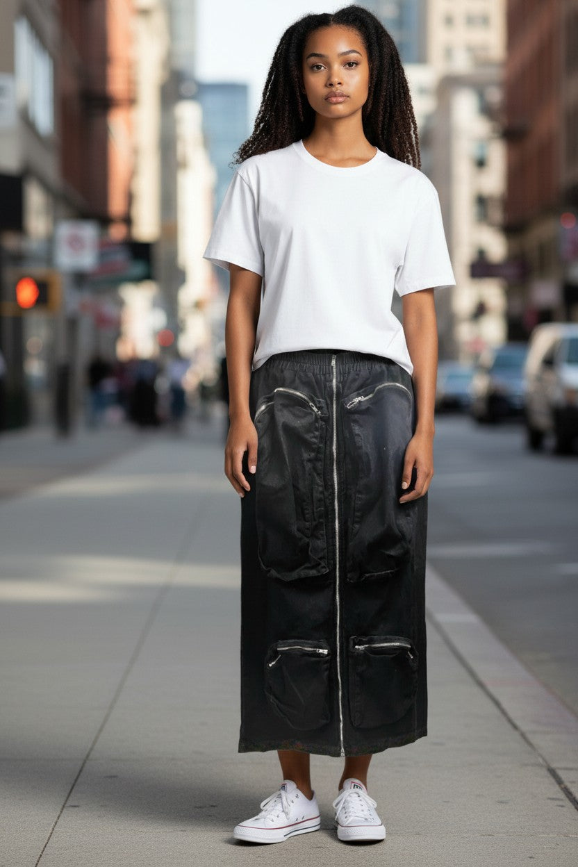 Y2K Cargo Maxi Skirt Denim Skirt with  Zipper Pockets