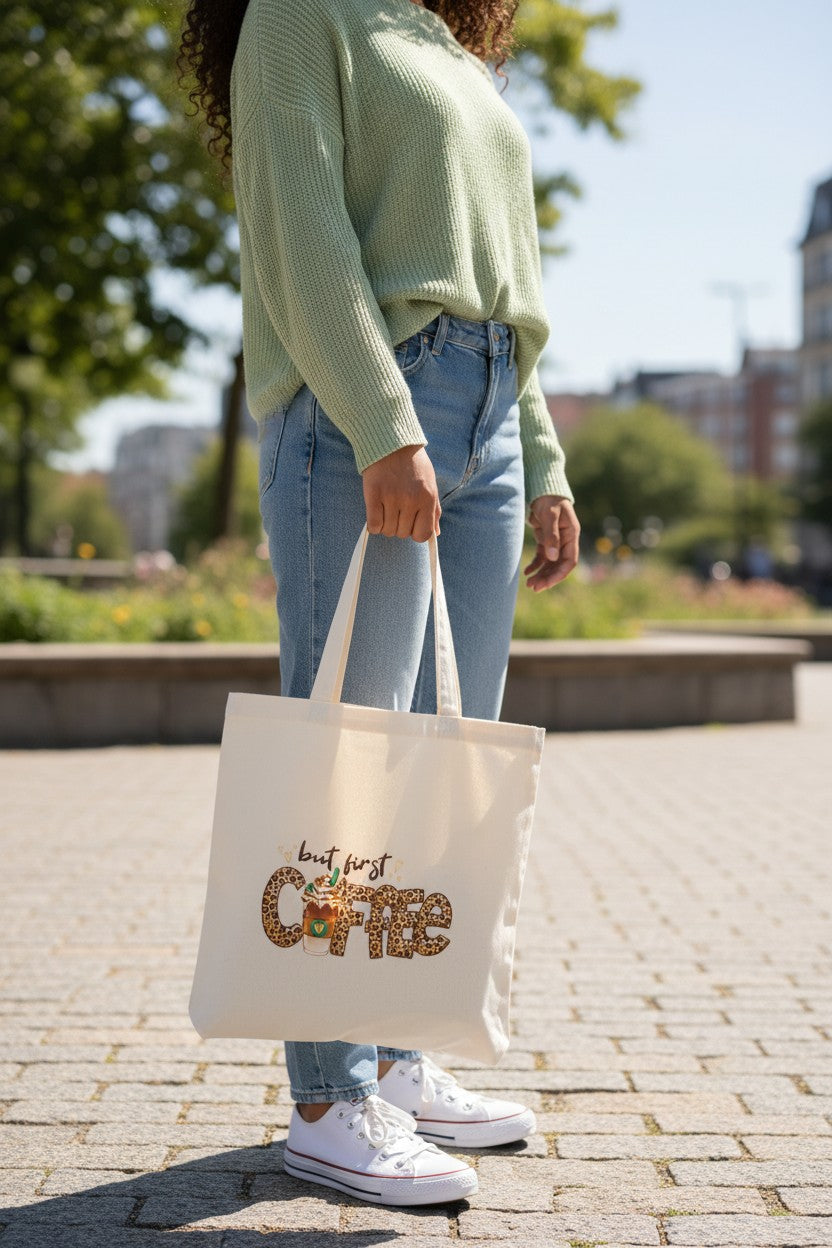 But First Coffee Leopard Print Tote Bag — Cute Aesthetic Reusable Shopping Bag