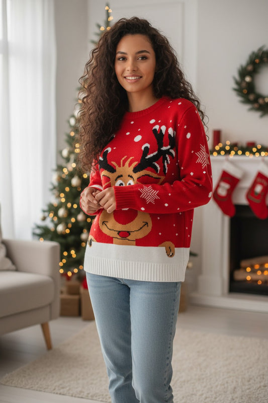 Soft Reindeer Holiday Red Sweater - Women's