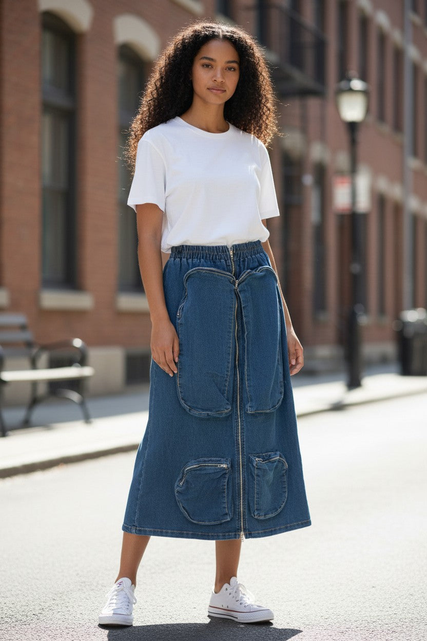 Y2K Cargo Maxi Skirt Denim Skirt with  Zipper Pockets