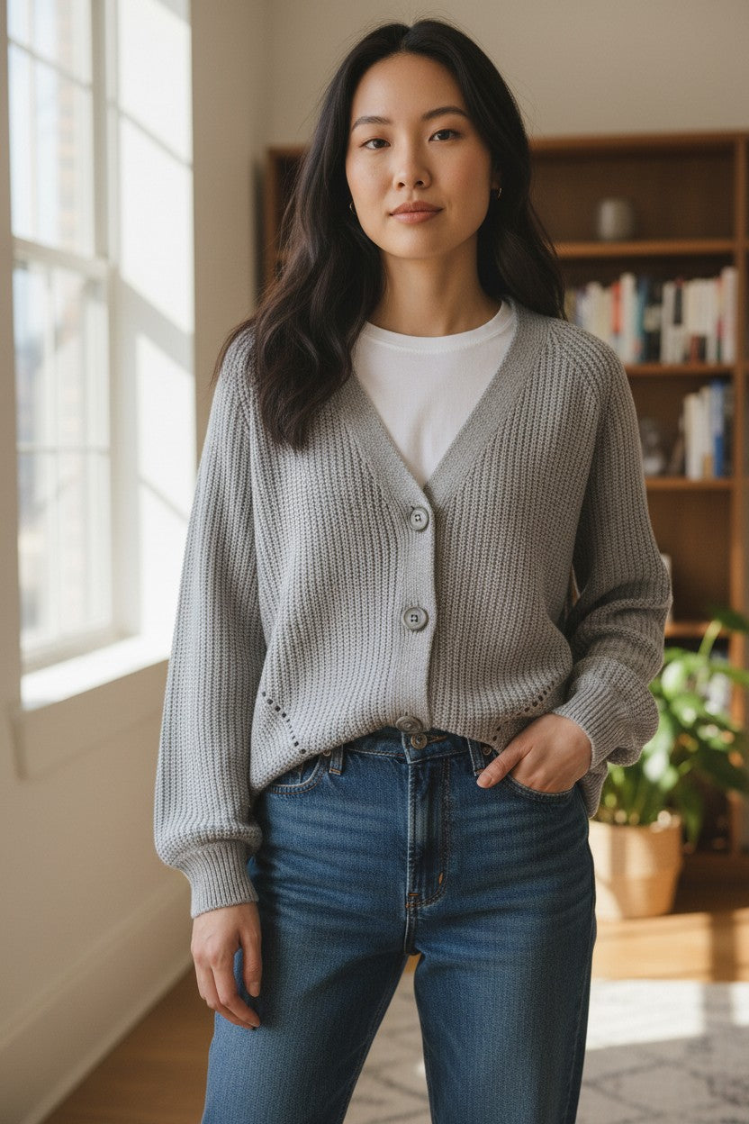 Preppy Cardigan Women's V Neckline Button Down Knitwear Lantern Sleeve Basic Knit Cardigan Sweater Tops