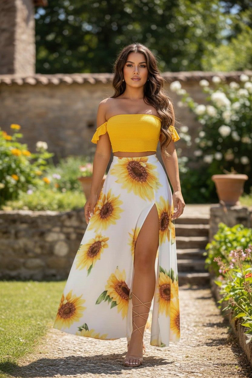 Debonair  Ruffle Top Split Skirt High Slit Maxi Skirt – Summer Boho Flowy Skirt