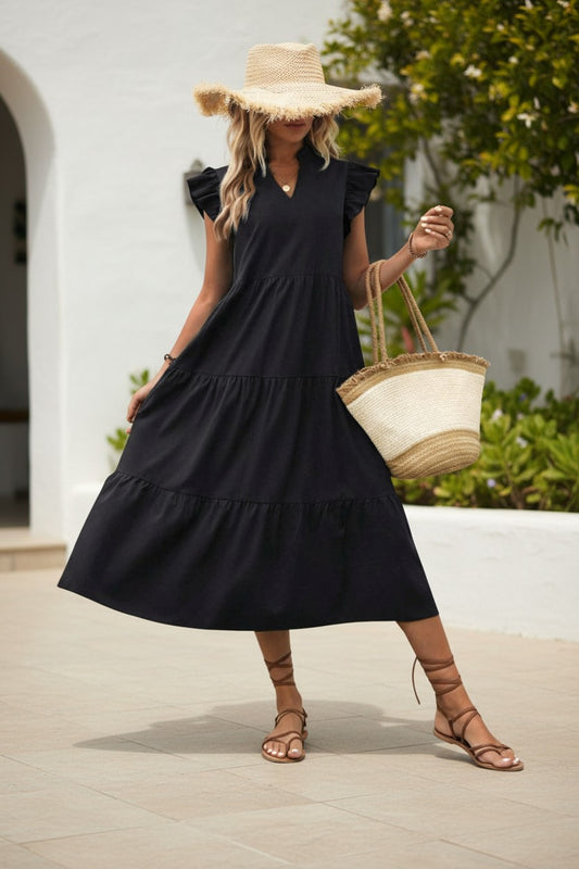 Flutter-Sleeve Tiered Maxi Smock Dress