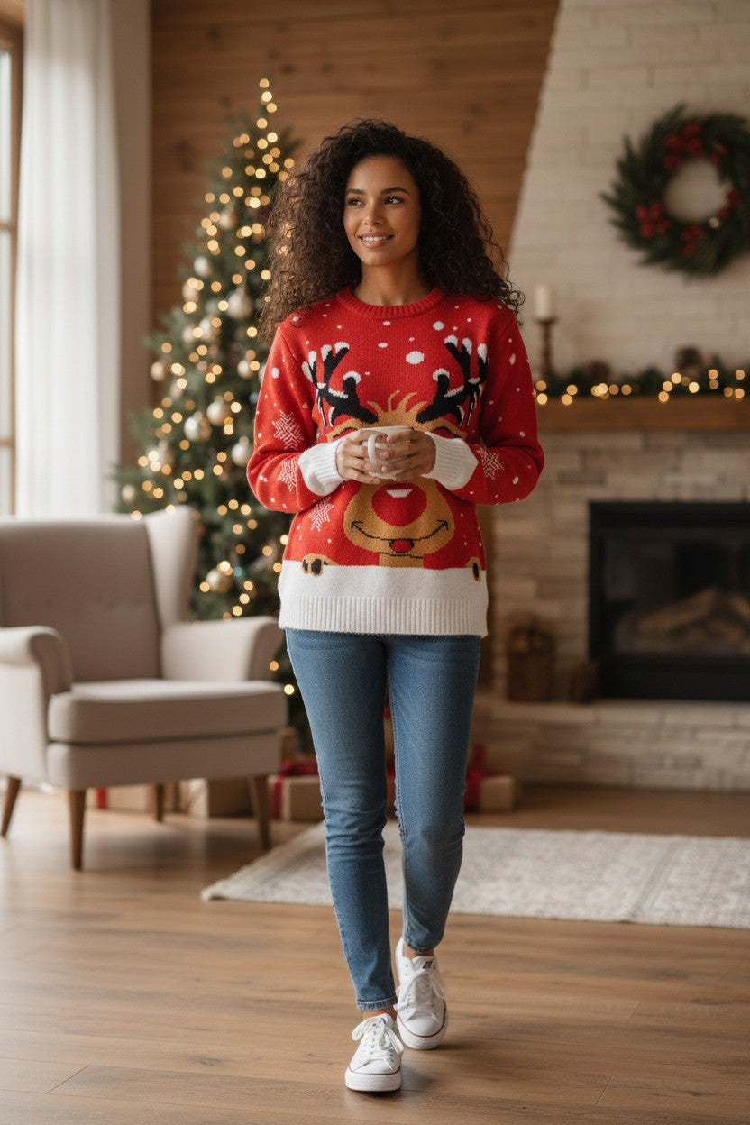 Soft Reindeer Holiday Red Sweater - Women's