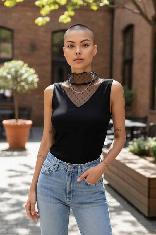 Black Mesh Mock-Neck Tank – Sleeveless Ribbed Top with Sheer Polka Dot Detail