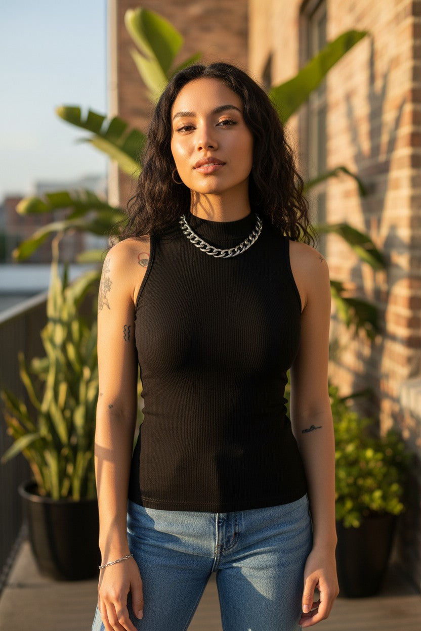 Mock Neck Ribbed Knit Tank Top