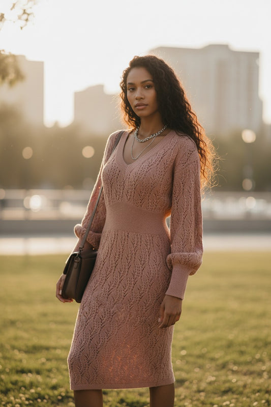 Knit Sweater Midi Dress – Puff Sleeve V-Neck Fall/Winter Dress