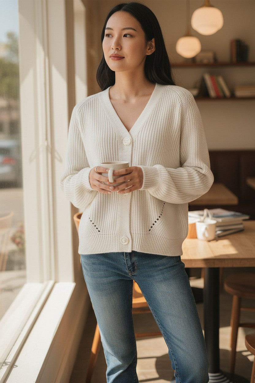 Preppy Cardigan Women's V Neckline Button Down Knitwear Lantern Sleeve Basic Knit Cardigan Sweater Tops