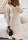 Knit Sweater Midi Dress – Puff Sleeve V-Neck Fall/Winter Dress
